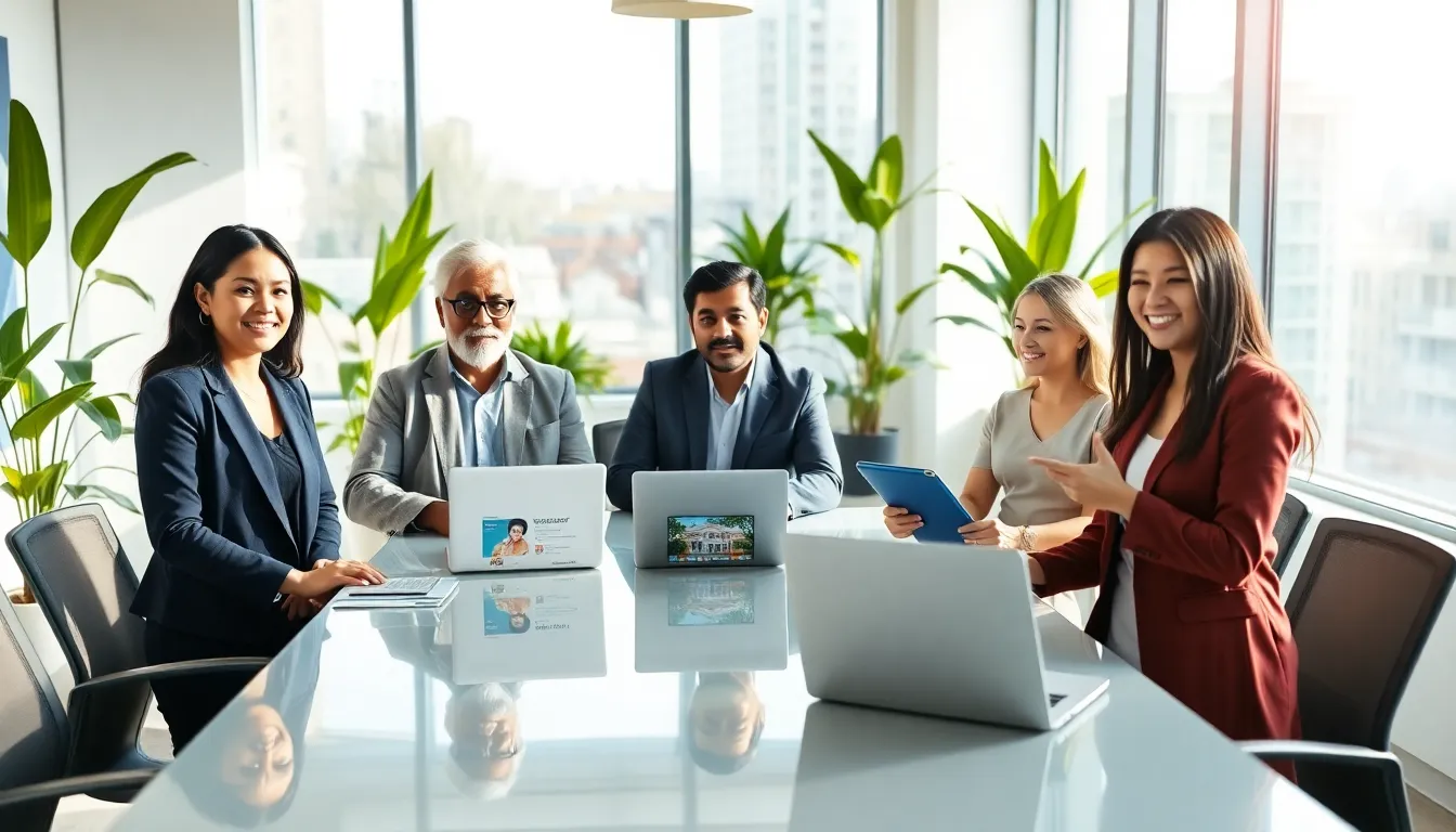 a diverse team discussing real estate strategies in a modern office.