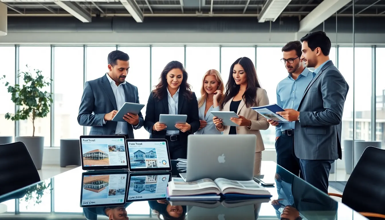 diverse team collaborating in a modern real estate office.