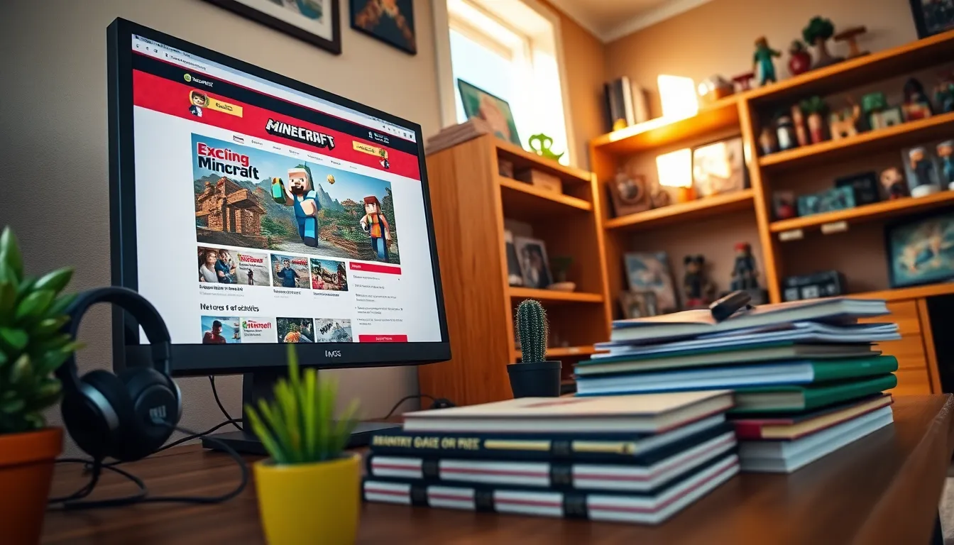 A cozy desktop featuring Minecraft resources and the Redwebzine website.