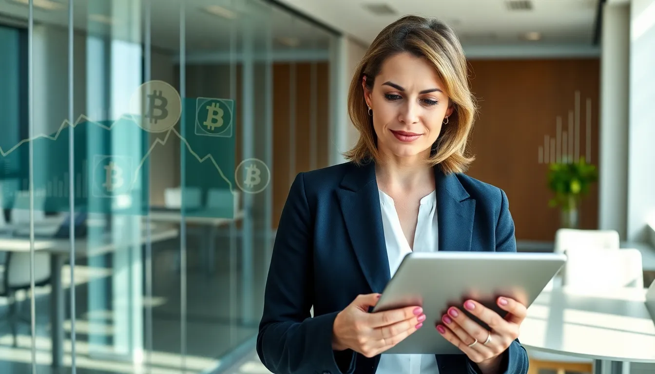 Stacy Klinger in a modern office, reviewing digital charts related to Bitclassic.
