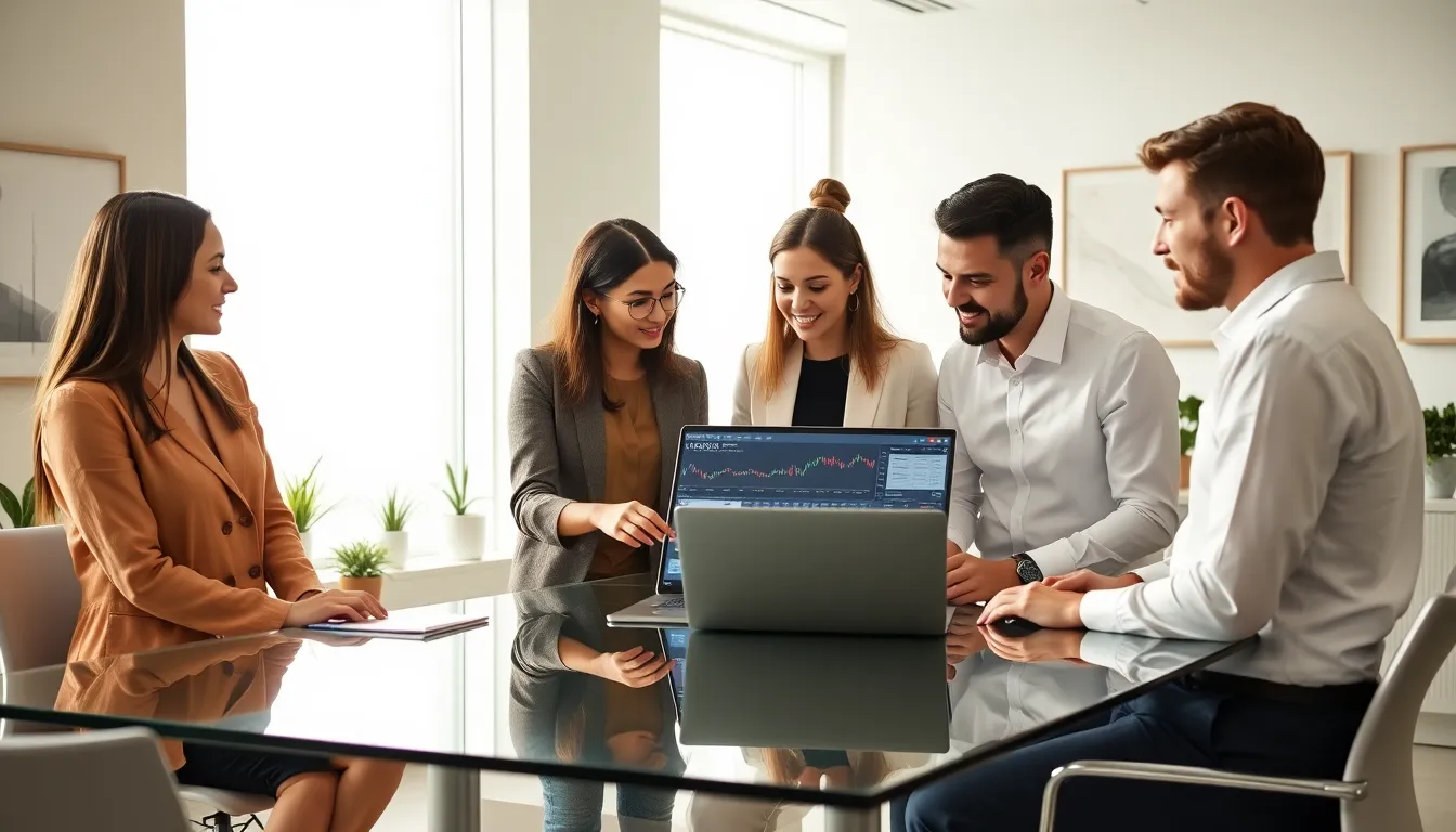 diverse professionals discussing cryptocurrency trading in a modern office.