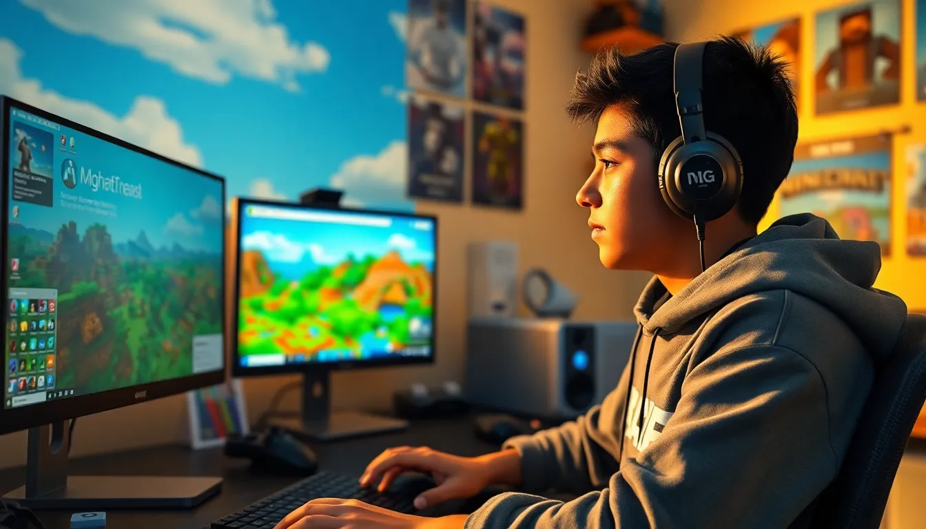 a gamer playing Minecraft with new updates in a colorful game room.