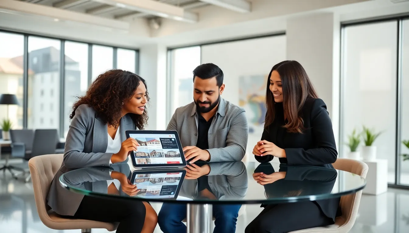 diverse team collaborating in a modern real estate office.