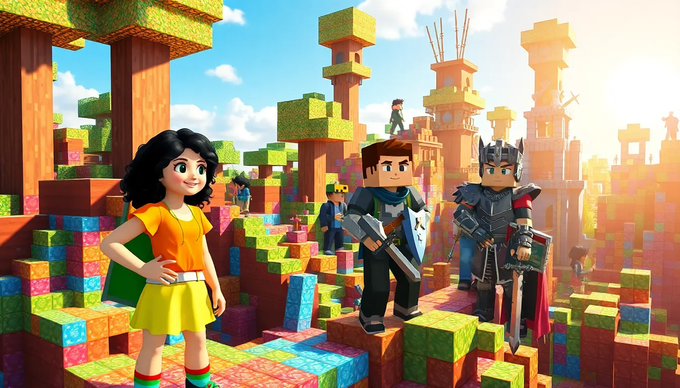 a diverse group of players collaborating in a vibrant Minecraft-inspired landscape.
