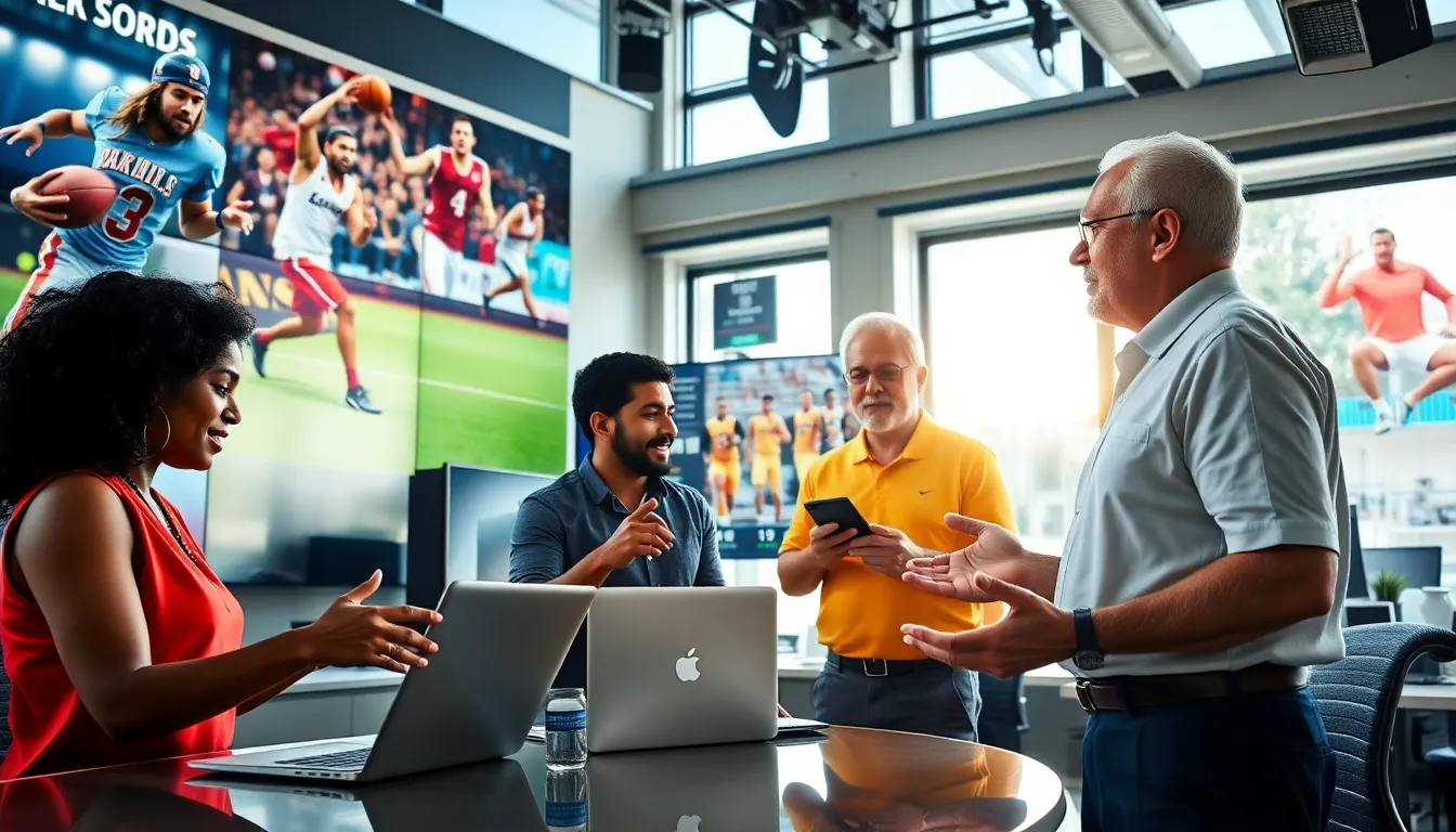 three journalists in a sports news office discussing updates and highlights.