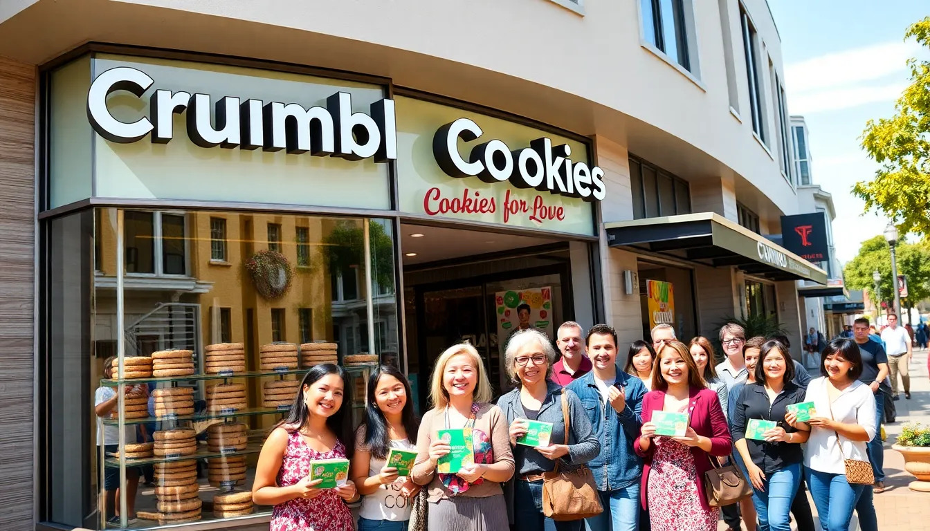 Crumbl Cookies storefront in San Jose with happy customers outside.