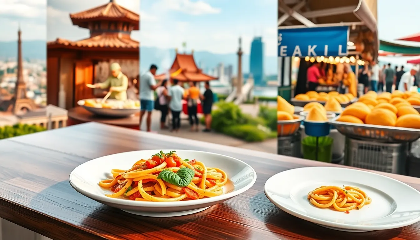 A collage of global culinary experiences highlighting fine dining and street food.