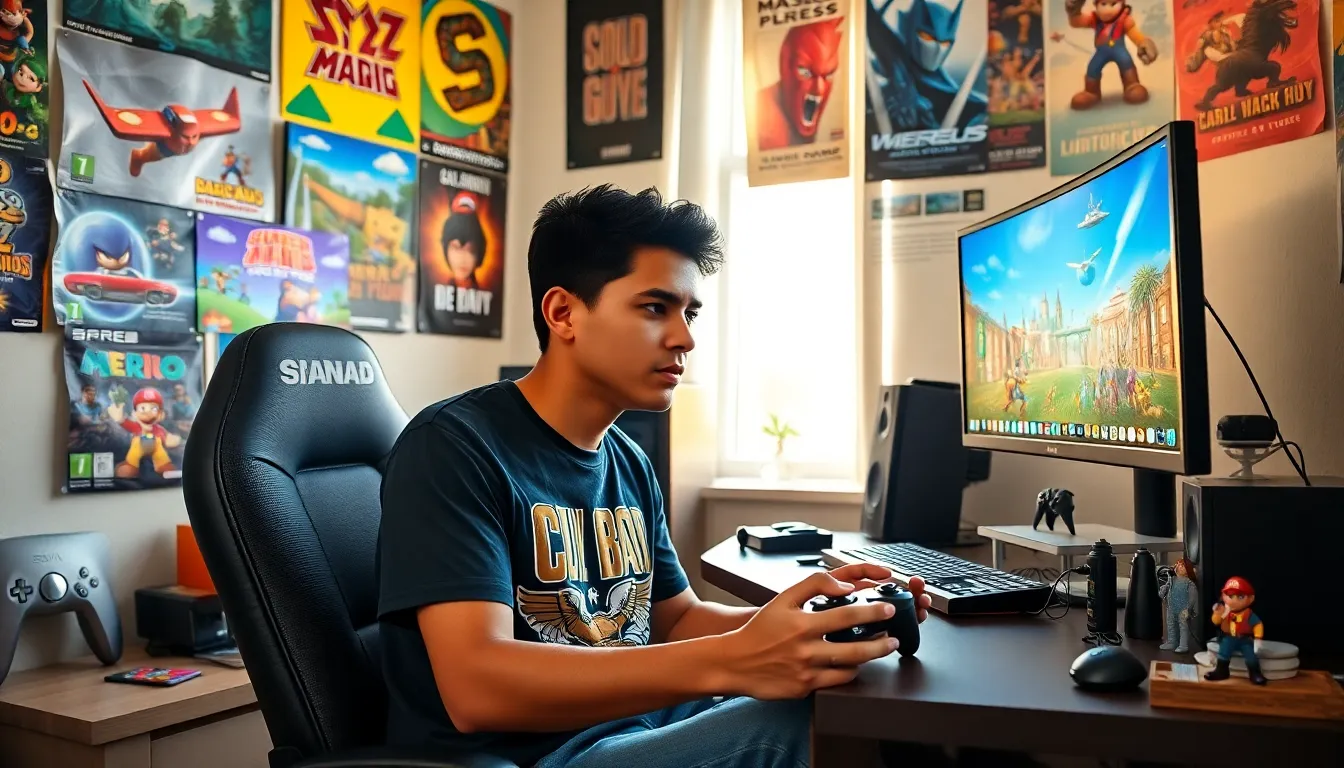 a young gamer immersed in gameplay in a colorful room