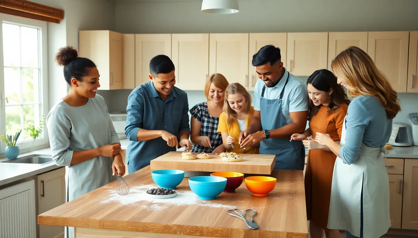 diverse group baking cookies in a cozy kitchen setting.