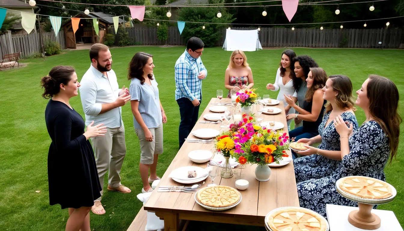 group celebrating a budget-friendly event in a decorated backyard.