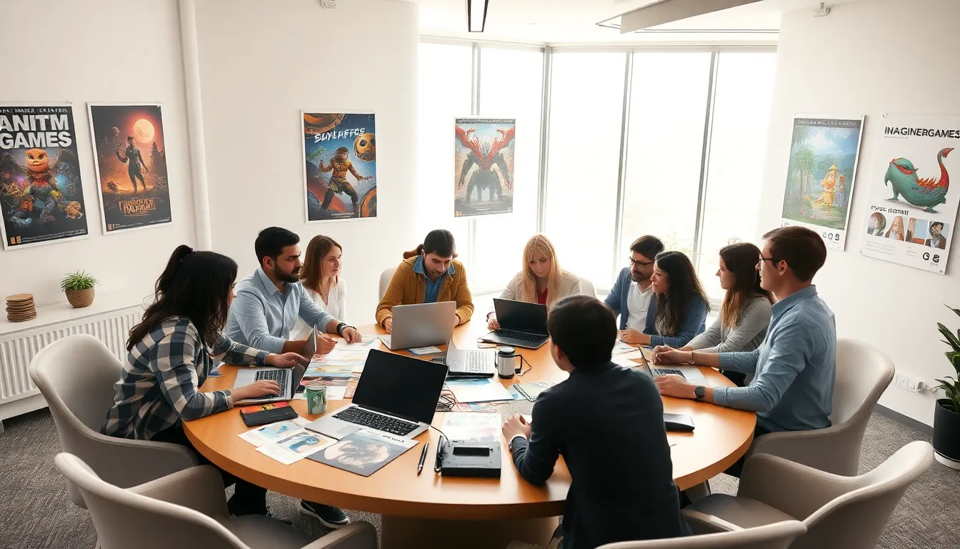 diverse team collaborating on game designs in a modern office.
