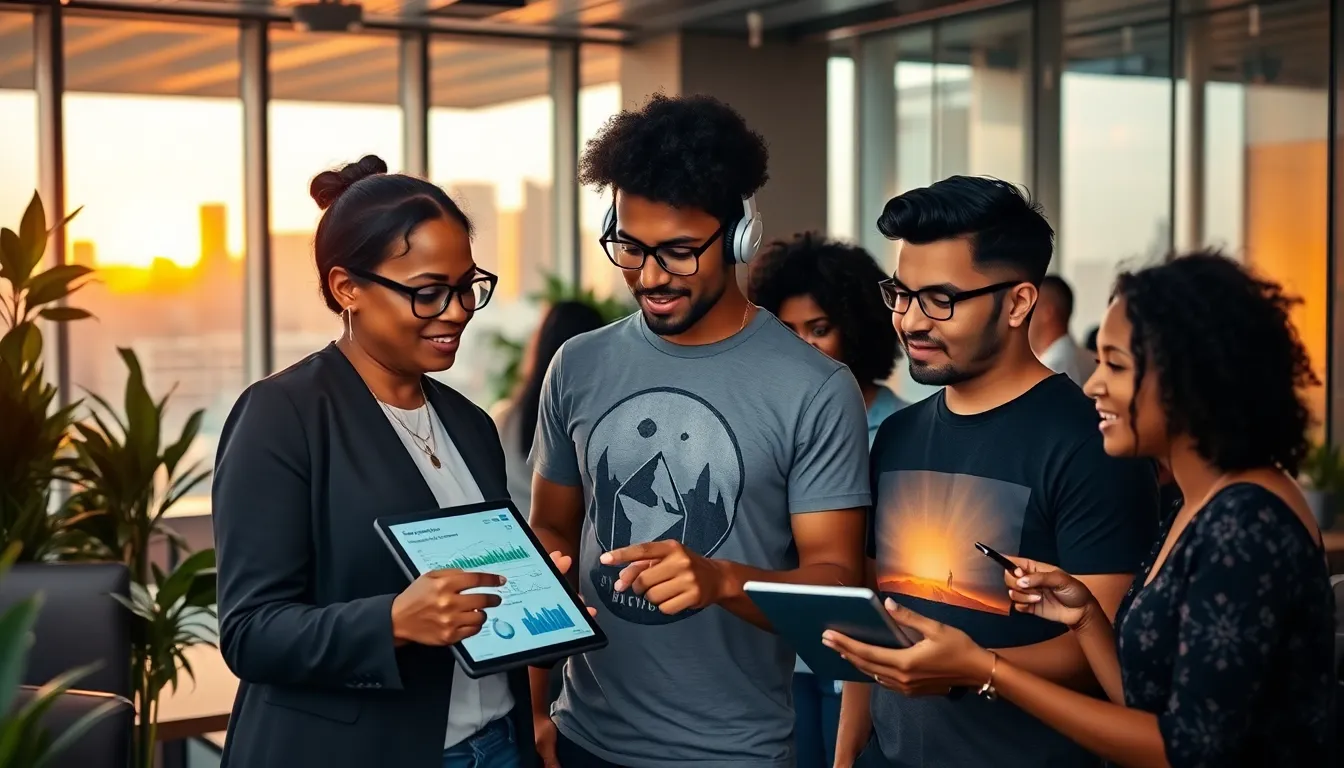 a diverse group collaborating on renewable energy solutions in a modern workspace.