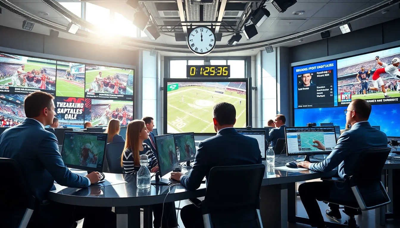 journalists in a modern newsroom reporting breaking sports news.