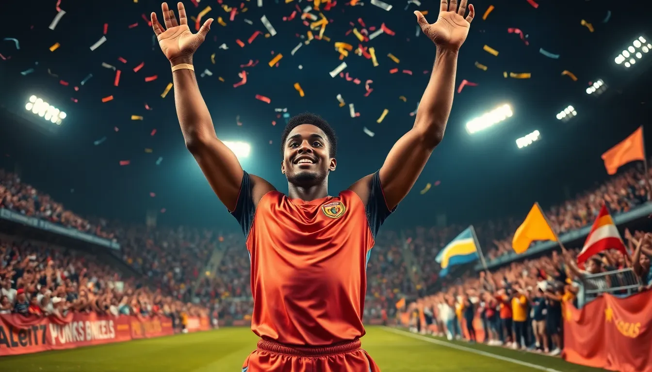 A young athlete celebrating a surprising victory in a stadium full of fans.