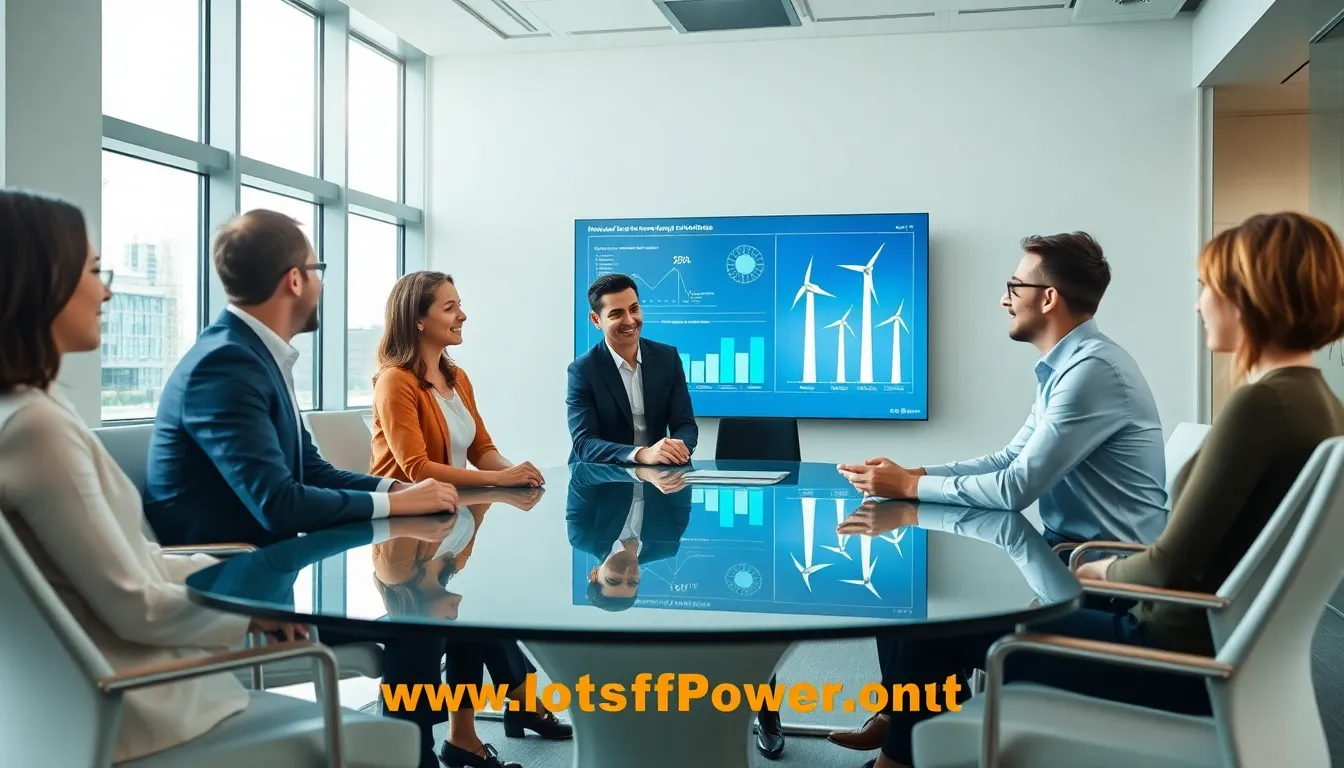 diverse team discussing renewable energy solutions in a modern office.