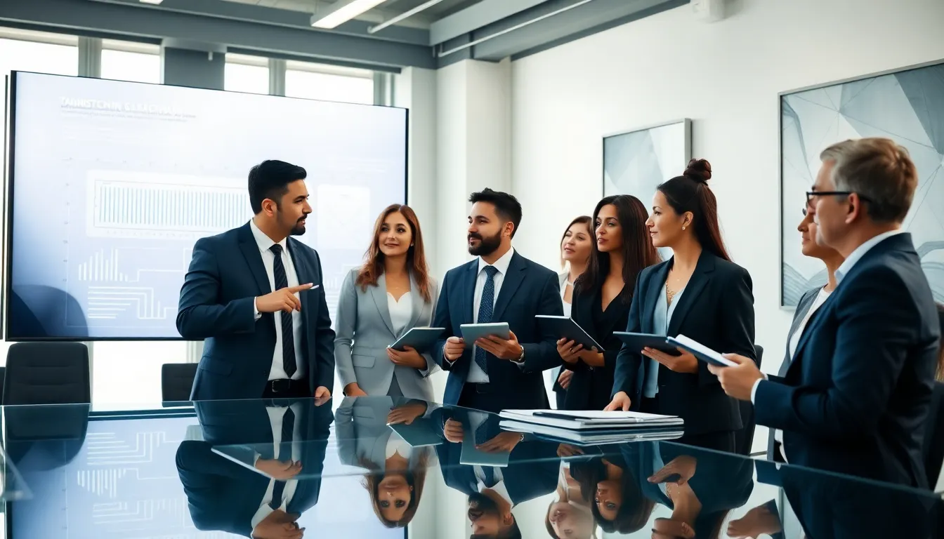 diverse professionals discussing blockchain technology in a modern conference room.