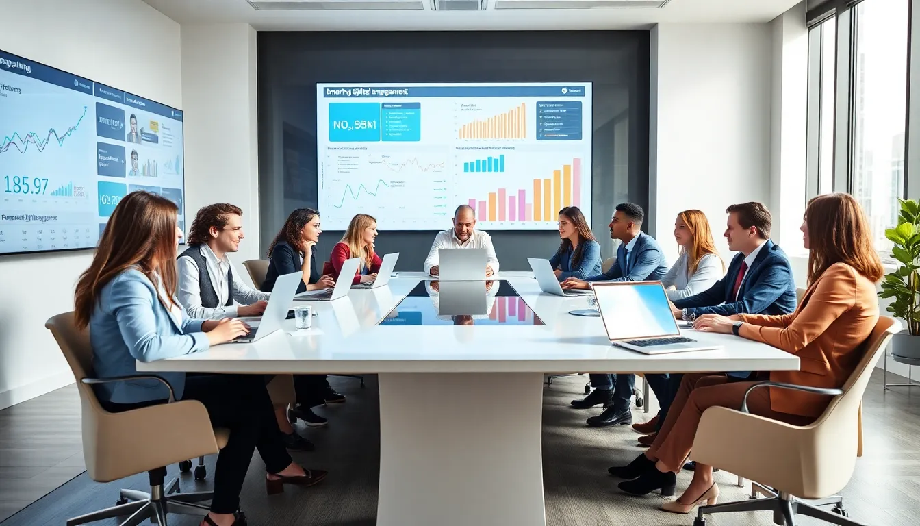 diverse team discussing digital marketing trends in a modern office