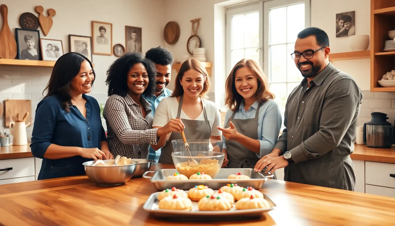 diverse team joyfully baking cookies in a warm kitchen.