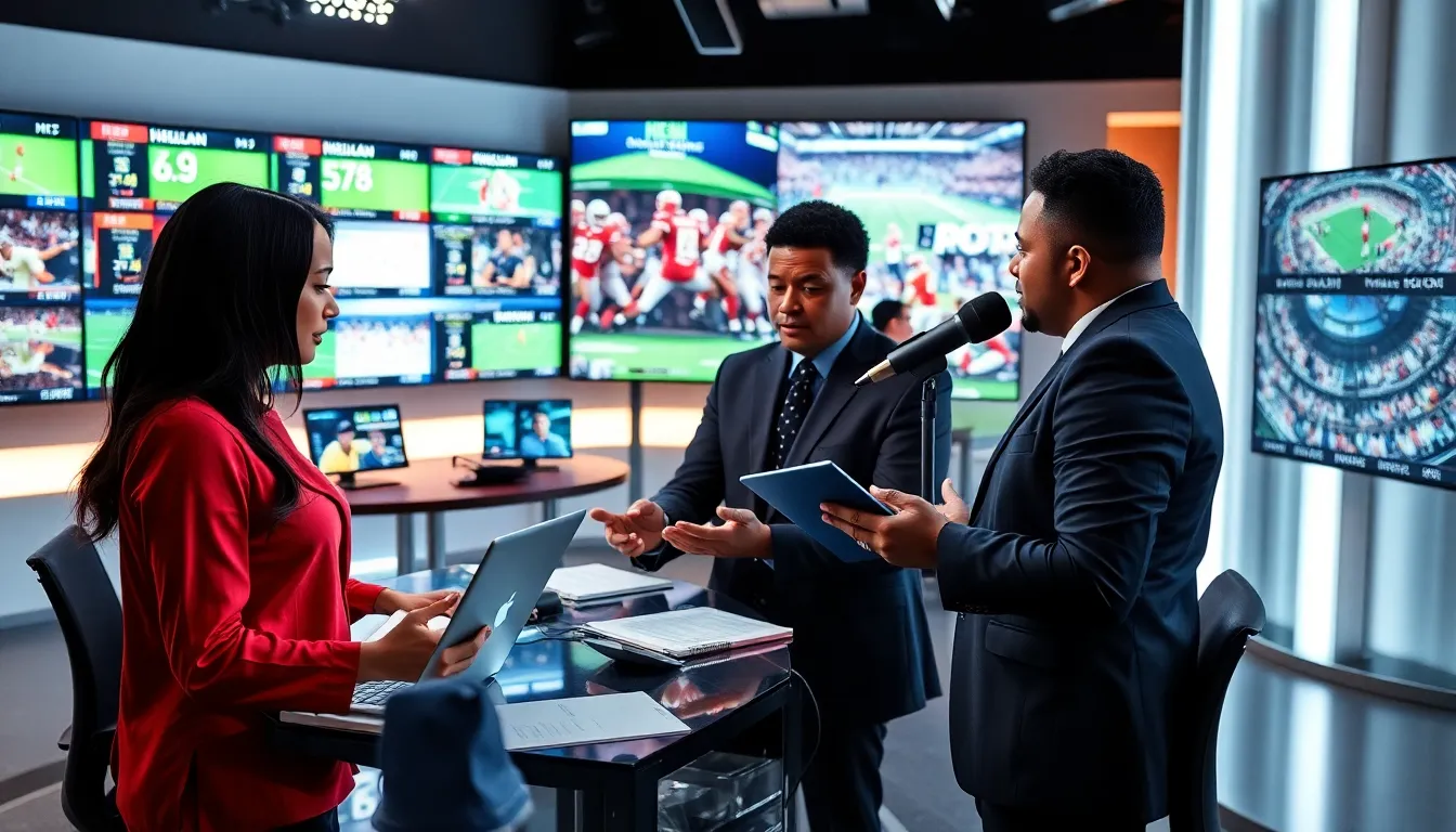 diverse sports journalists collaborating in a modern newsroom.